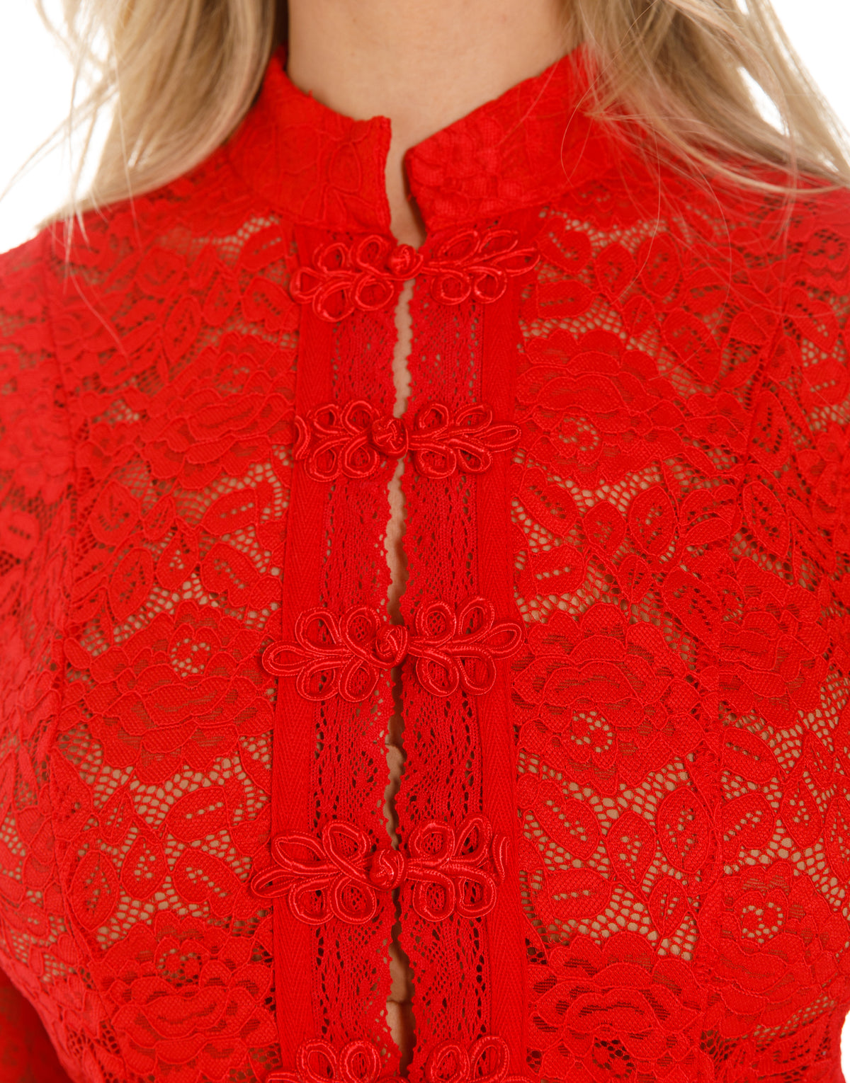 Lace Frog Closure Long Sleeve Blouse - Red