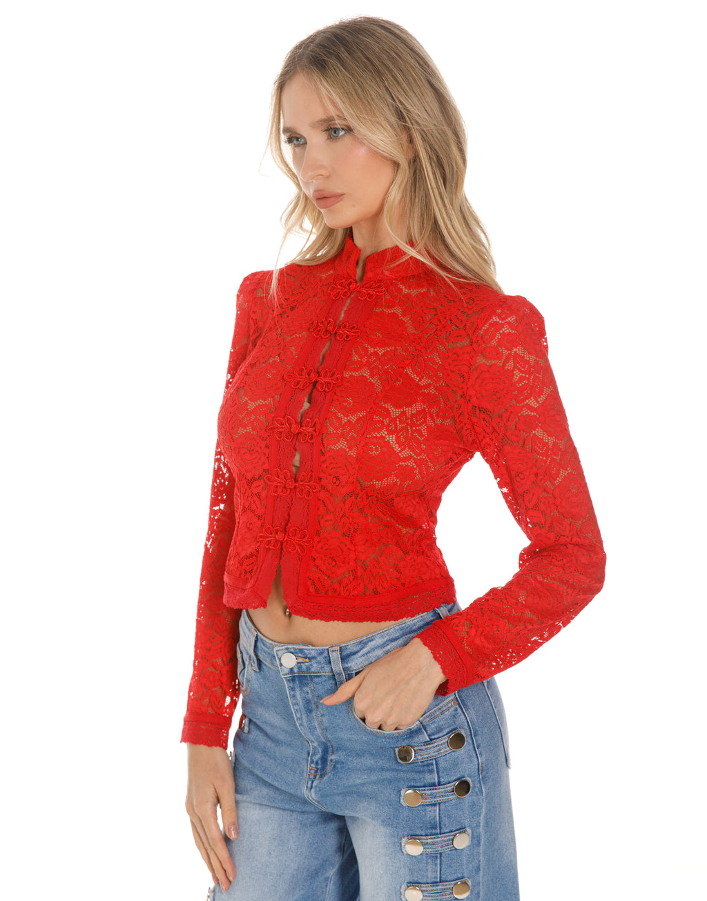 Lace Frog Closure Long Sleeve Blouse - Red