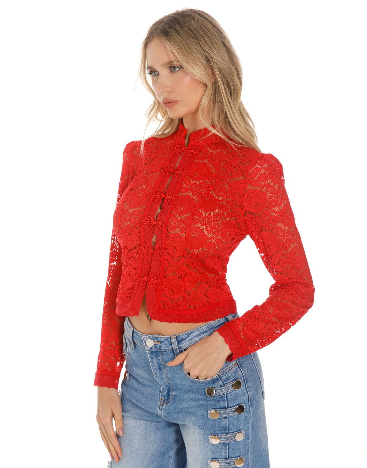 Lace Frog Closure Long Sleeve Blouse - Red