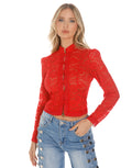 Lace Frog Closure Long Sleeve Blouse - Red