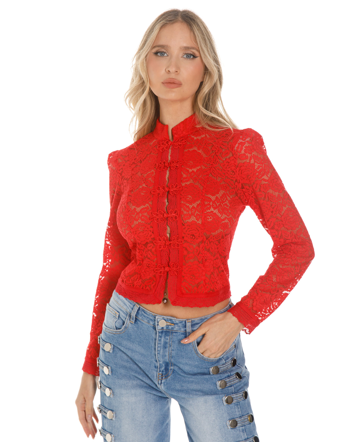 Lace Frog Closure Long Sleeve Blouse - Red