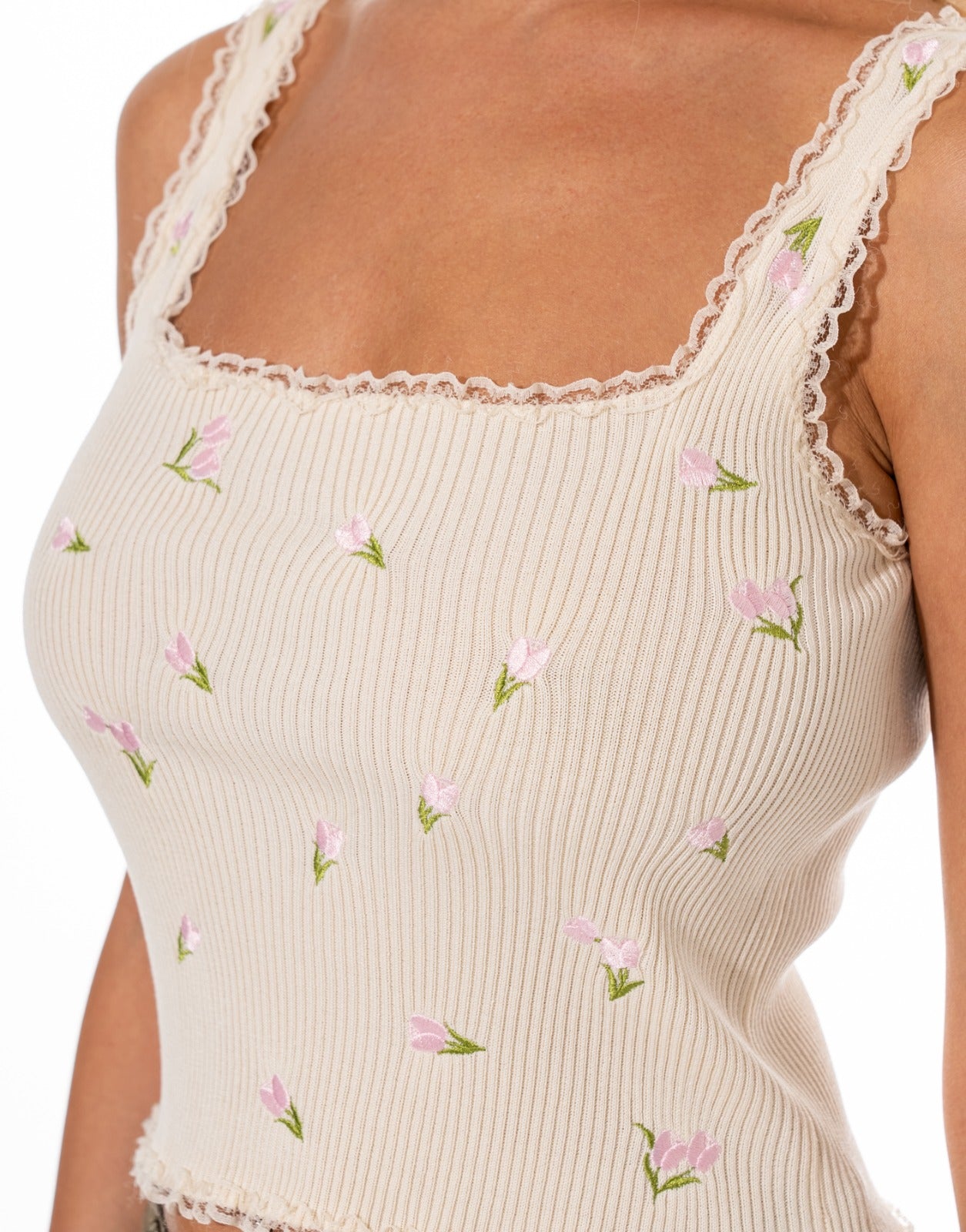 Embroidered Tulip Cami - Beige