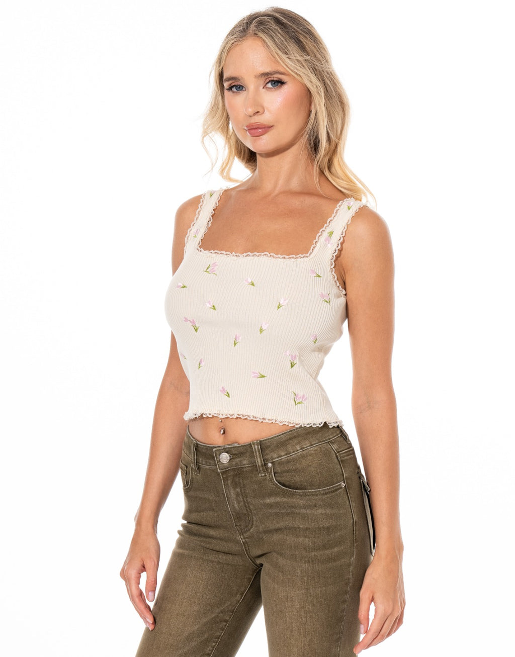 Embroidered Tulip Cami - Beige