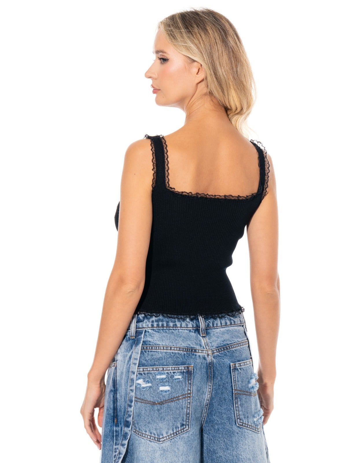 Embroidered Tulip Cami - Black