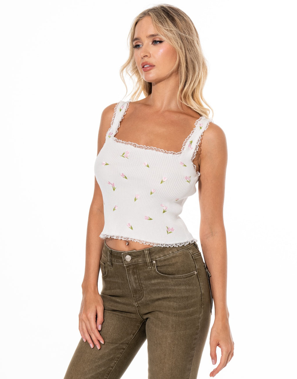 Embroidered Tulip Cami - White