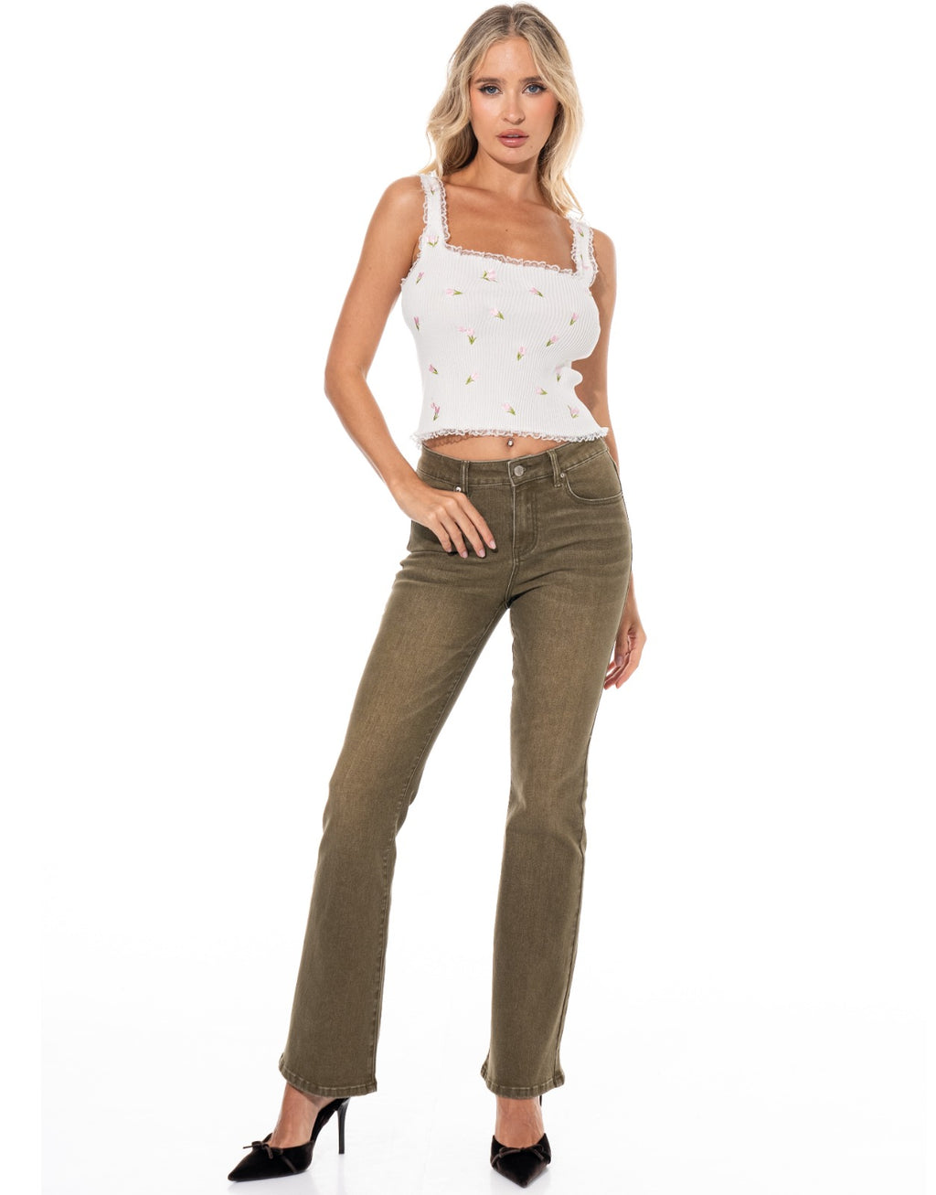 Embroidered Tulip Cami - White