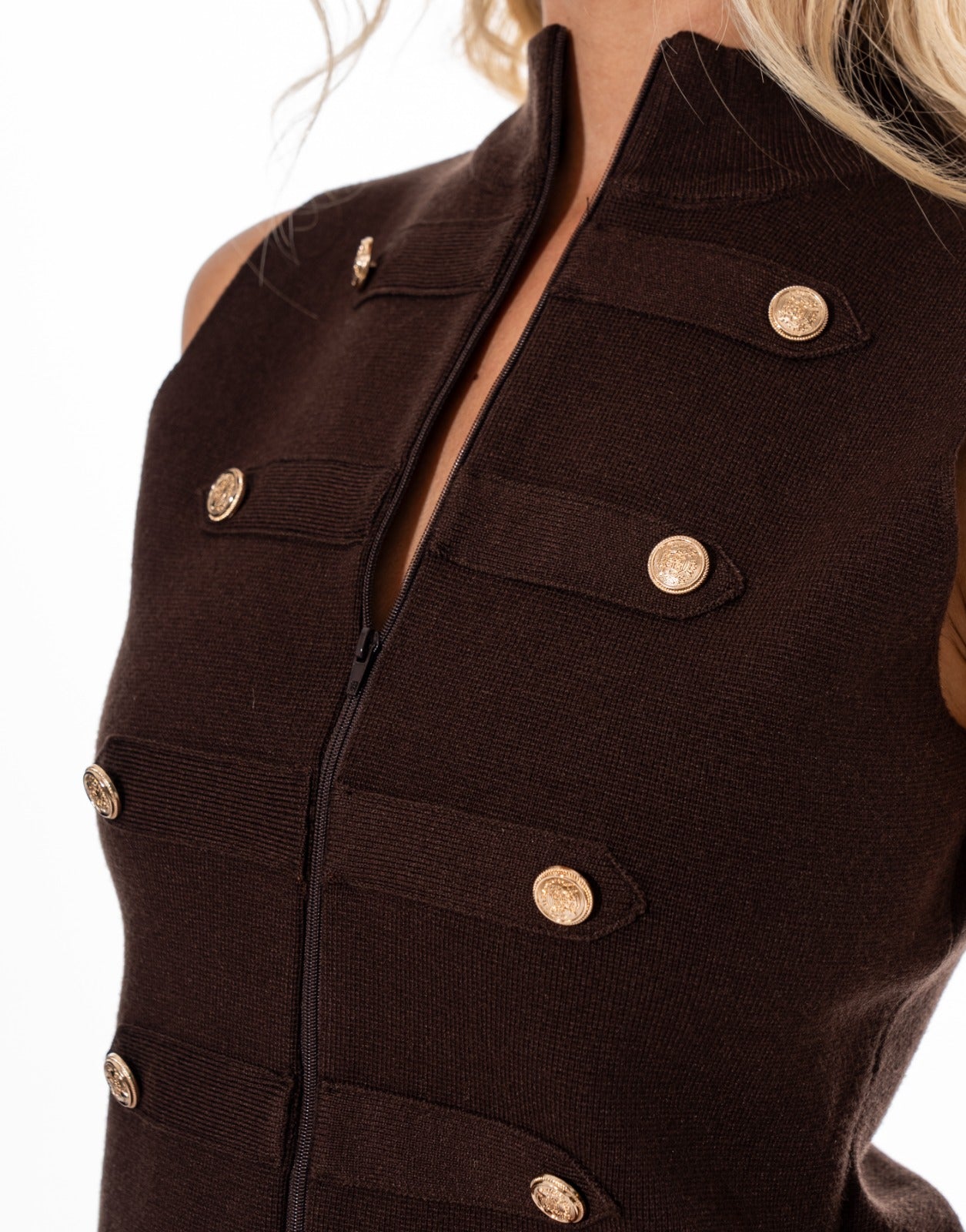 Military Button Vest - Brown