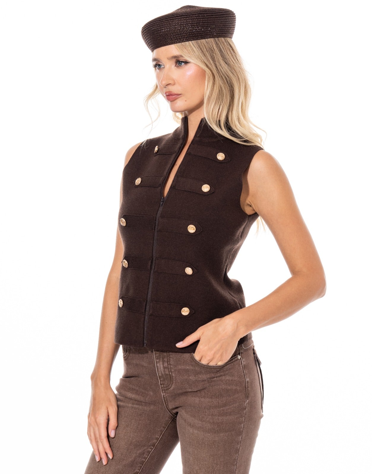 Military Button Vest - Brown