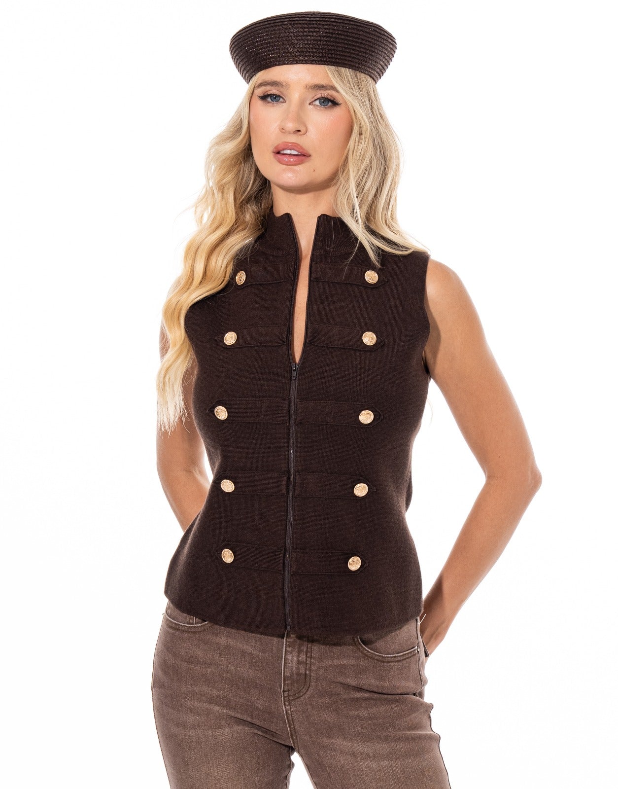 Military Button Vest - Brown