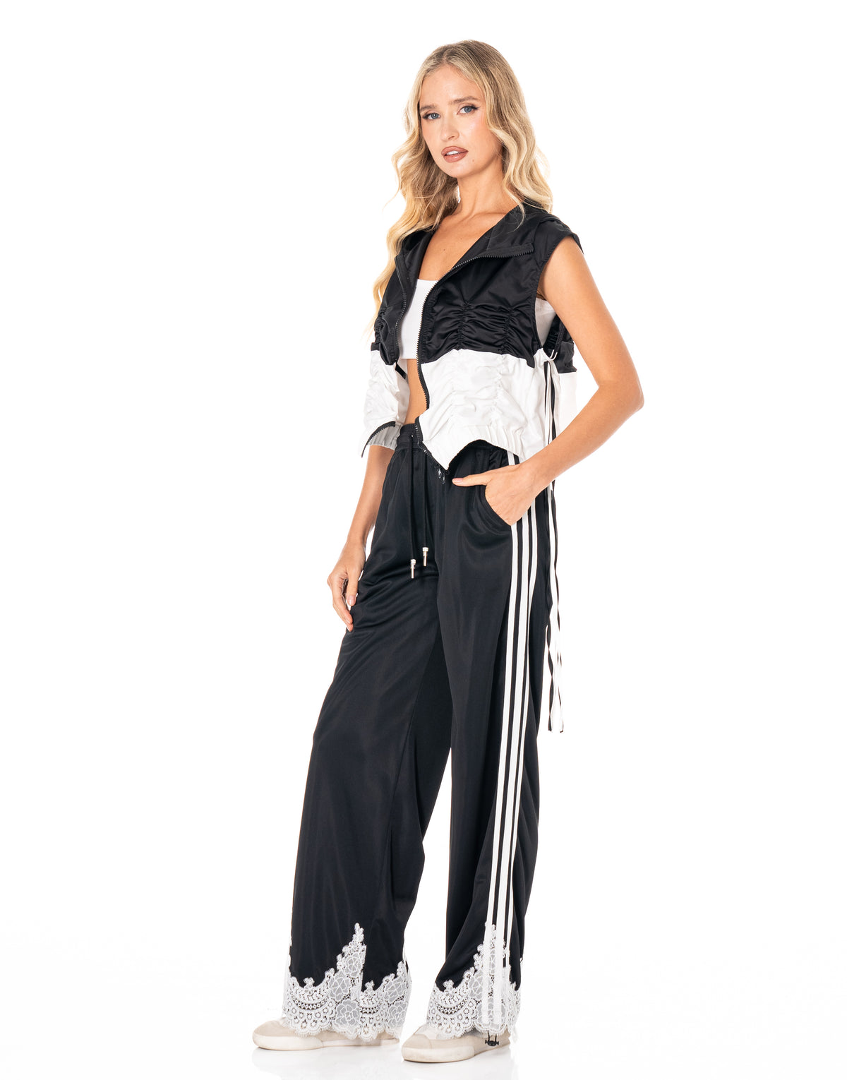 Ruched Colorblock Sleeveless Hooded Zip Top - Black