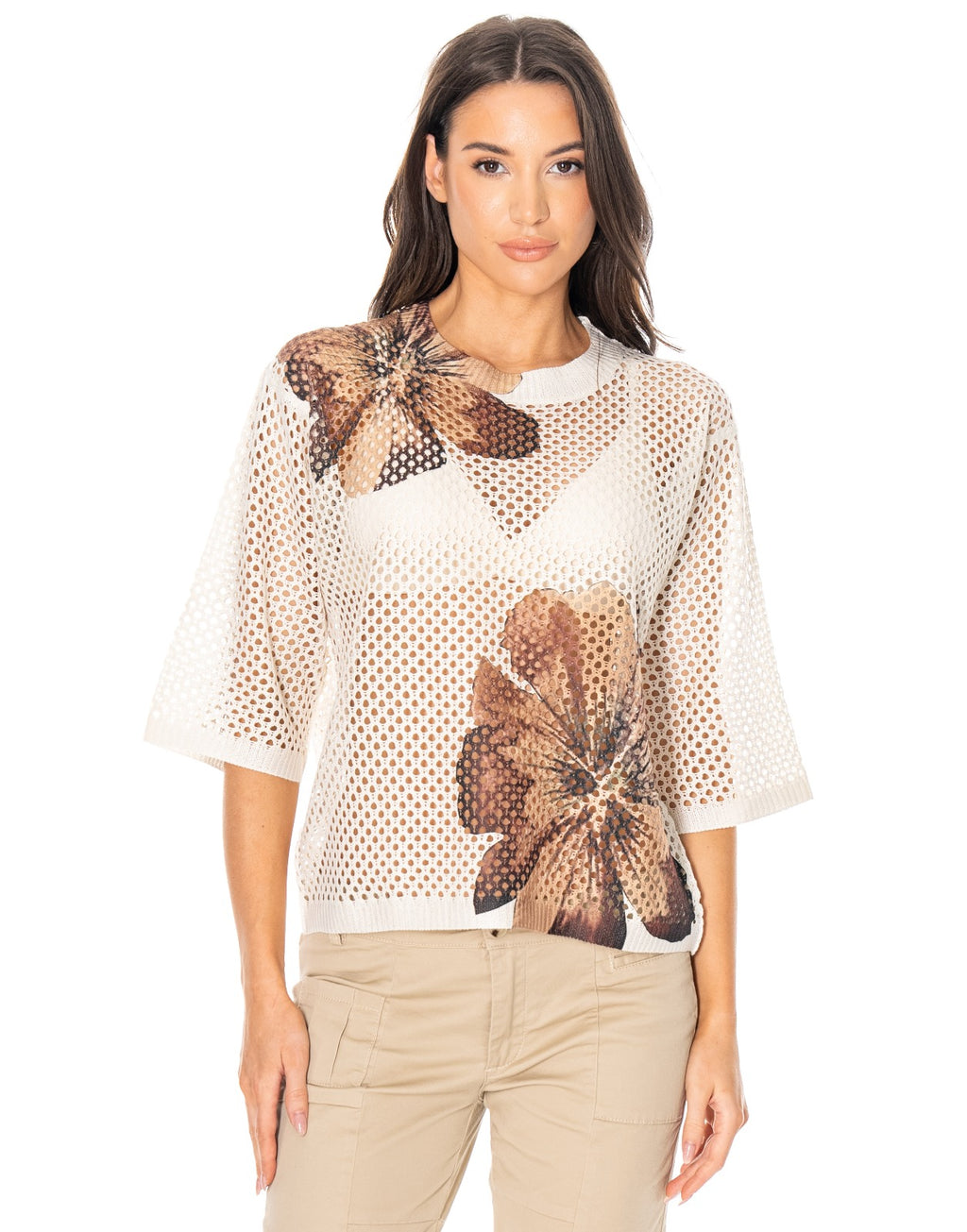 Floral Mesh Tee - Beige