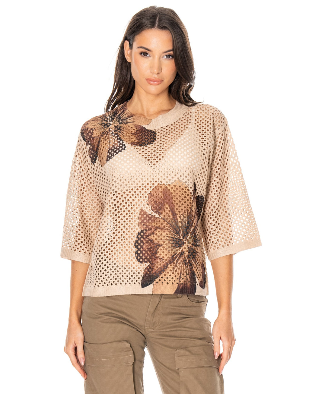 Floral Mesh Tee - Camel