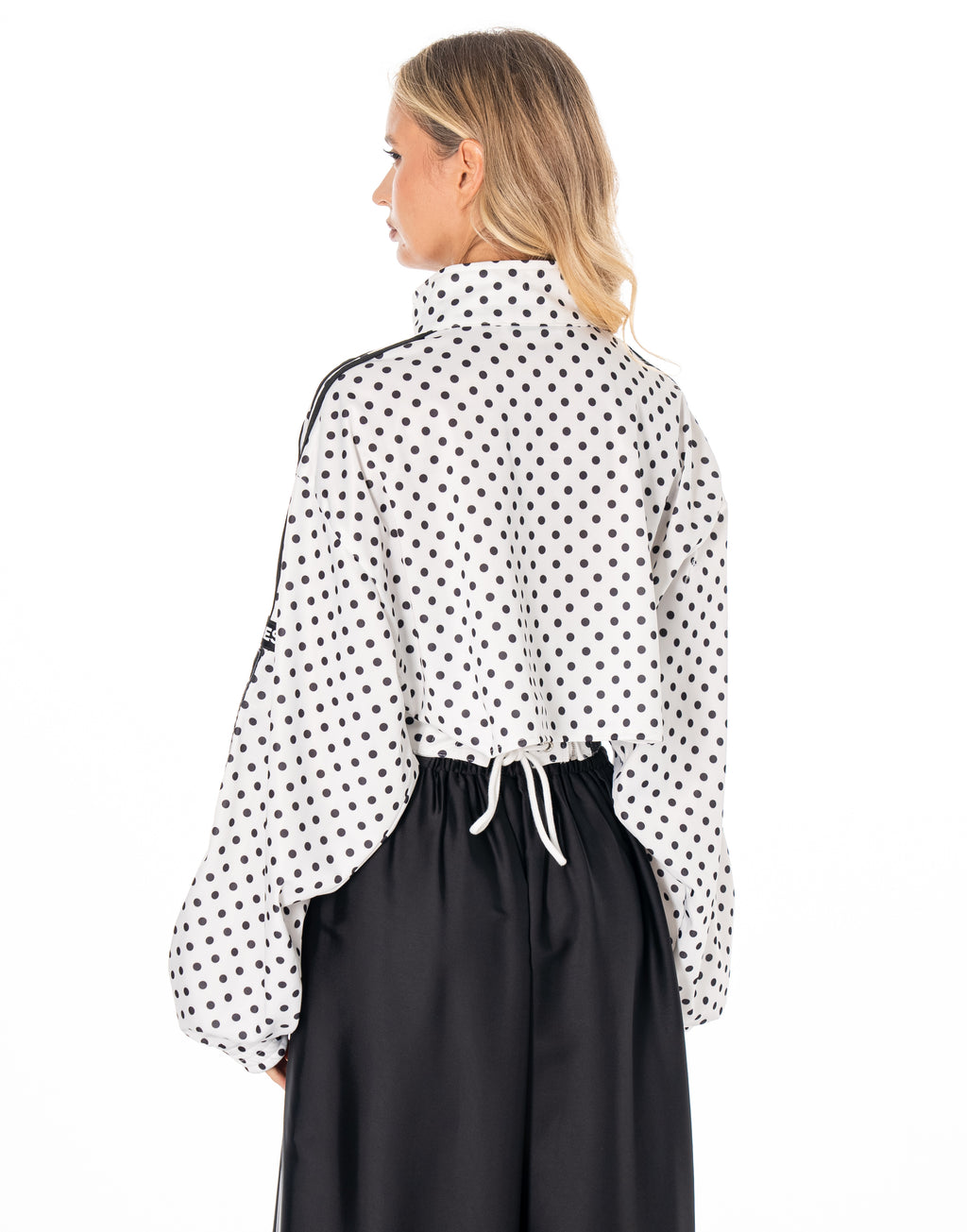 Polka Dot Side Stripe Cropped Half Zip Long Sleeve Track Top - White