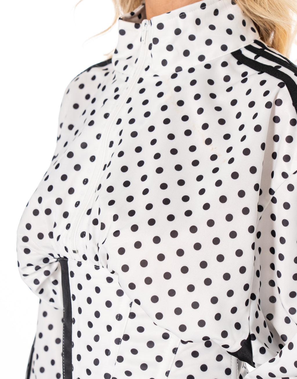 Polka Dot Side Stripe Cropped Half Zip Long Sleeve Track Top - White