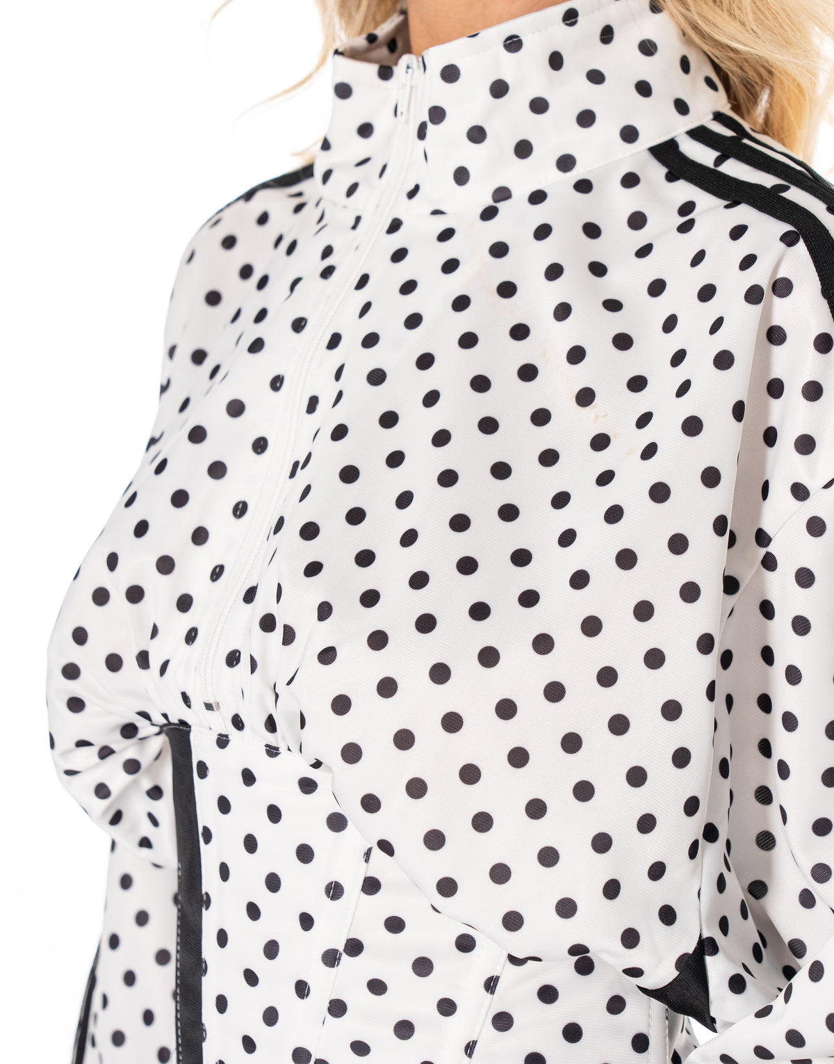 Polka Dot Side Stripe Cropped Half Zip Long Sleeve Track Top - White