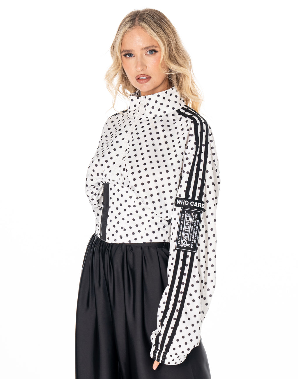 Polka Dot Side Stripe Cropped Half Zip Long Sleeve Track Top - White