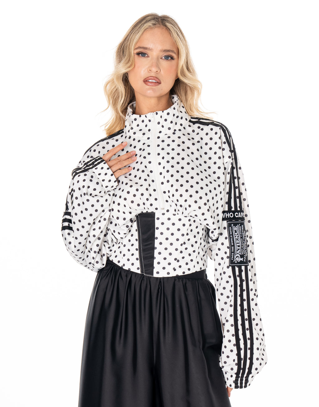 Polka Dot Side Stripe Cropped Half Zip Long Sleeve Track Top - White