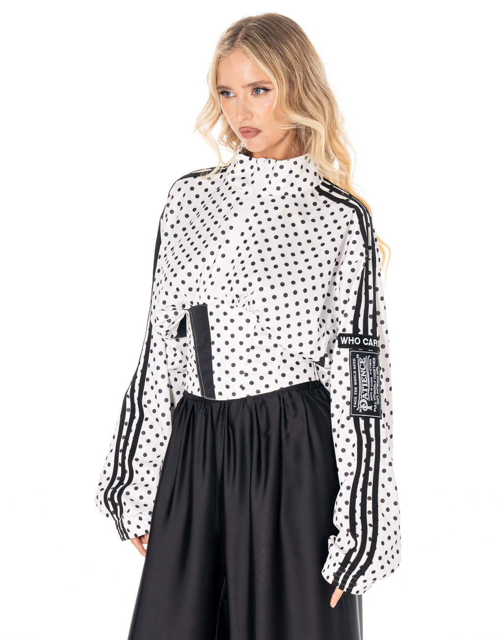 Polka Dot Side Stripe Cropped Half Zip Long Sleeve Track Top - White