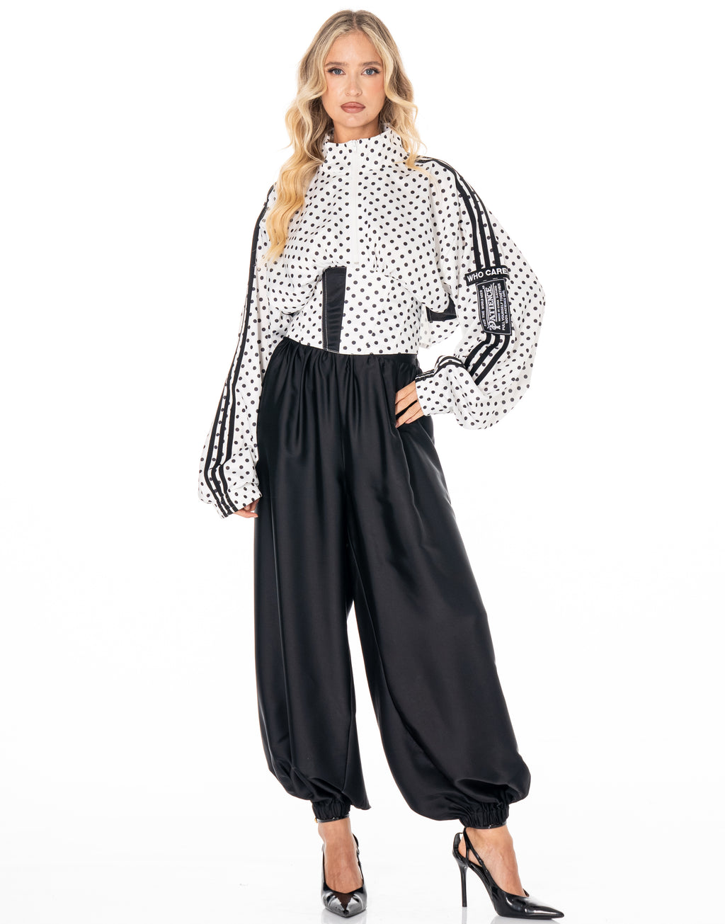 Polka Dot Side Stripe Cropped Half Zip Long Sleeve Track Top - White