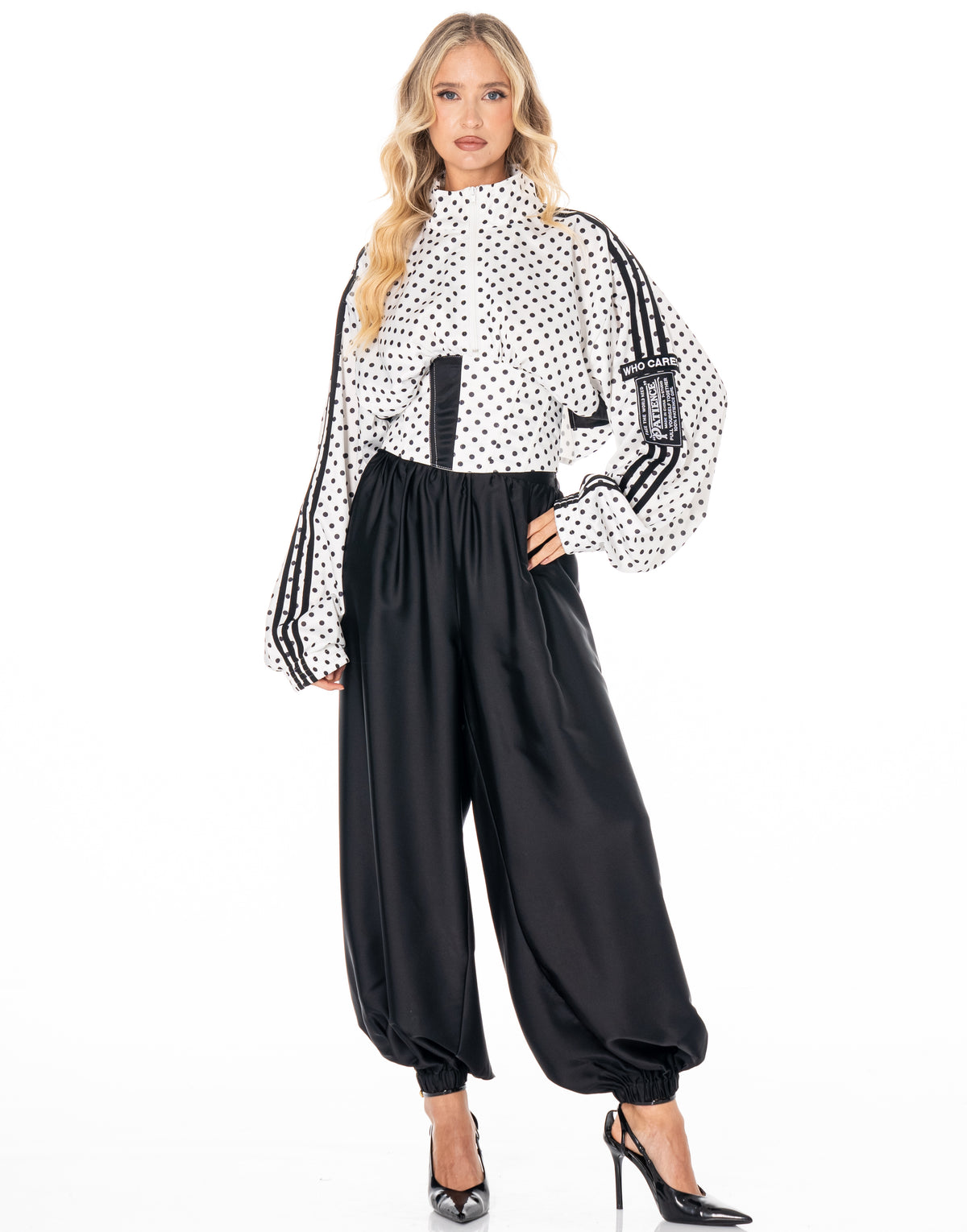 Polka Dot Side Stripe Cropped Half Zip Long Sleeve Track Top - White