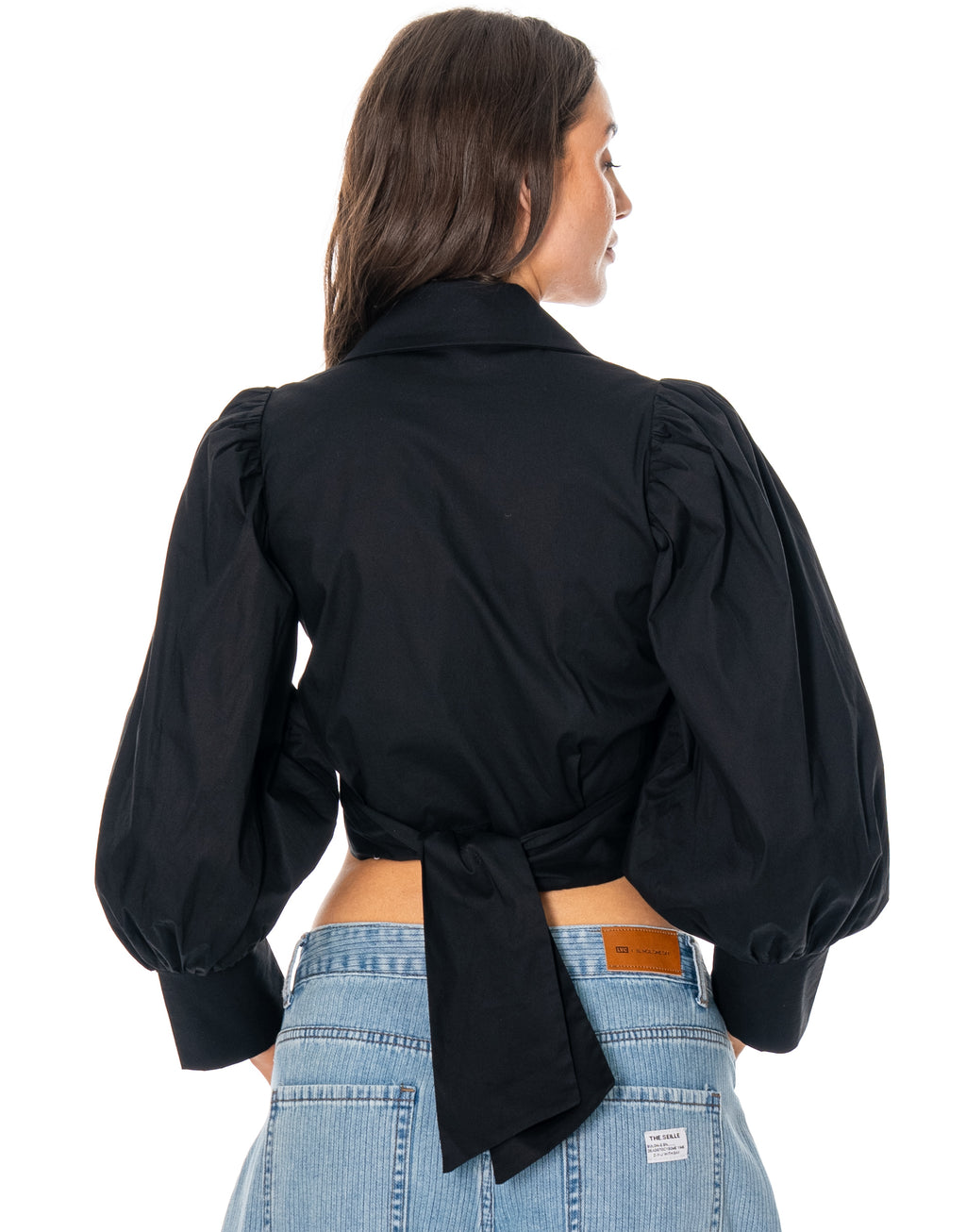 Balloon Sleeve Twist Front Blouse - Black