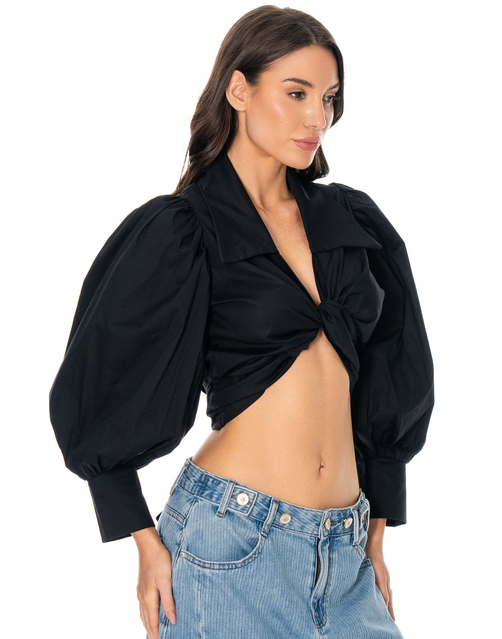 Balloon Sleeve Twist Front Blouse - Black