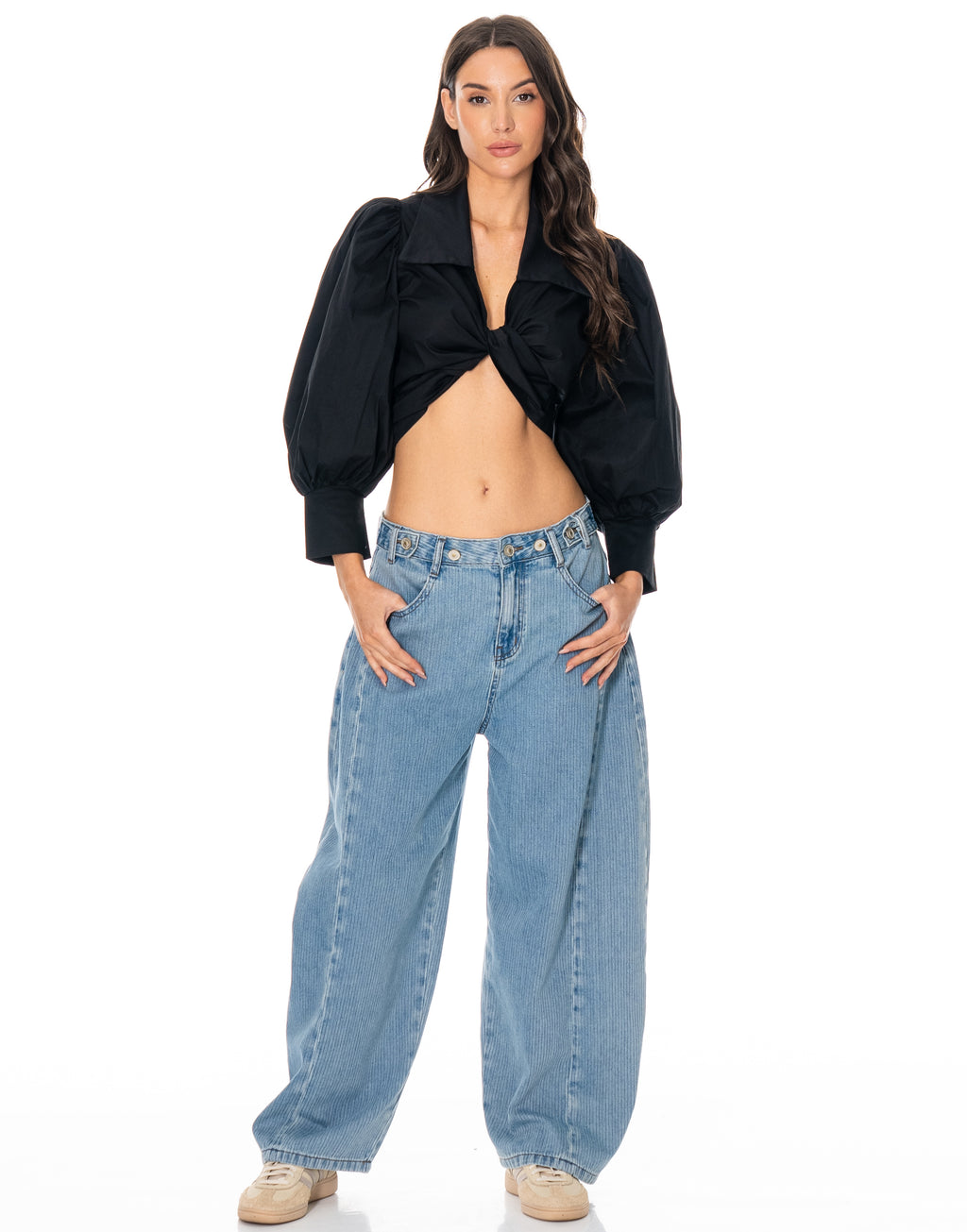 Balloon Sleeve Twist Front Blouse - Black