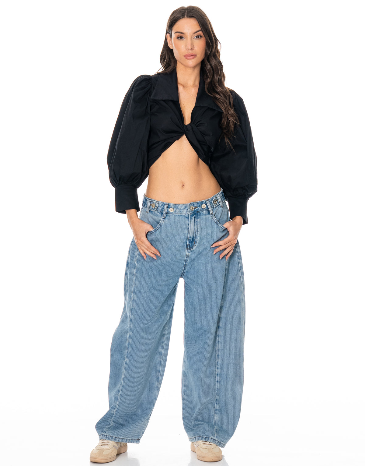 Balloon Sleeve Twist Front Blouse - Black
