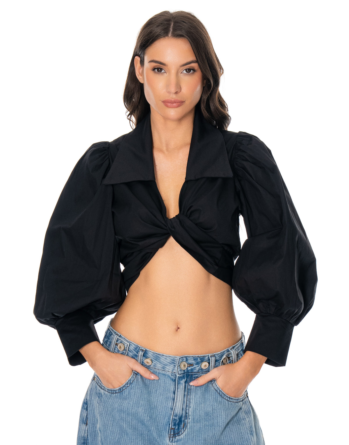 Balloon Sleeve Twist Front Blouse - Black