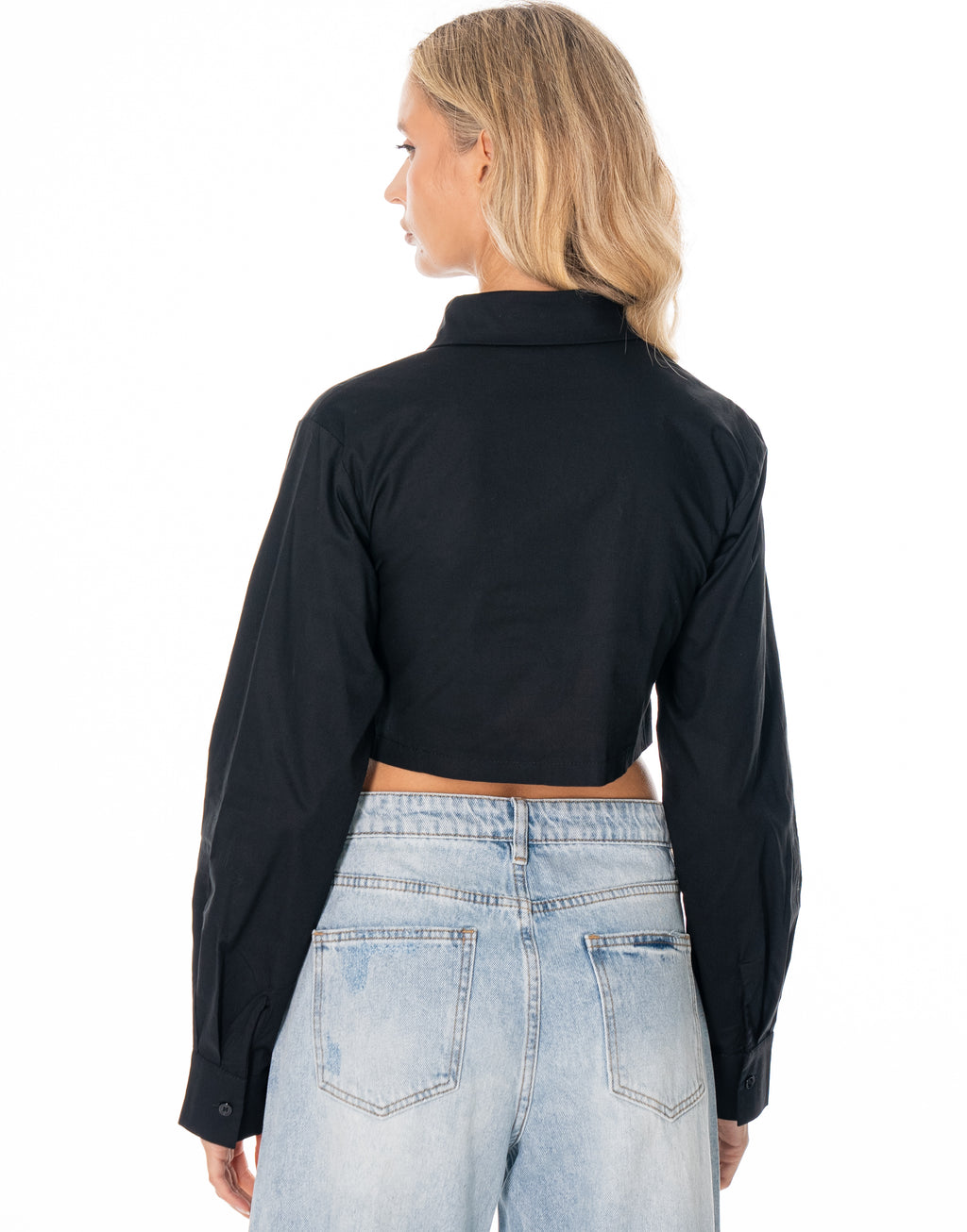 Cropped Curved Hem Button Shirt - Black