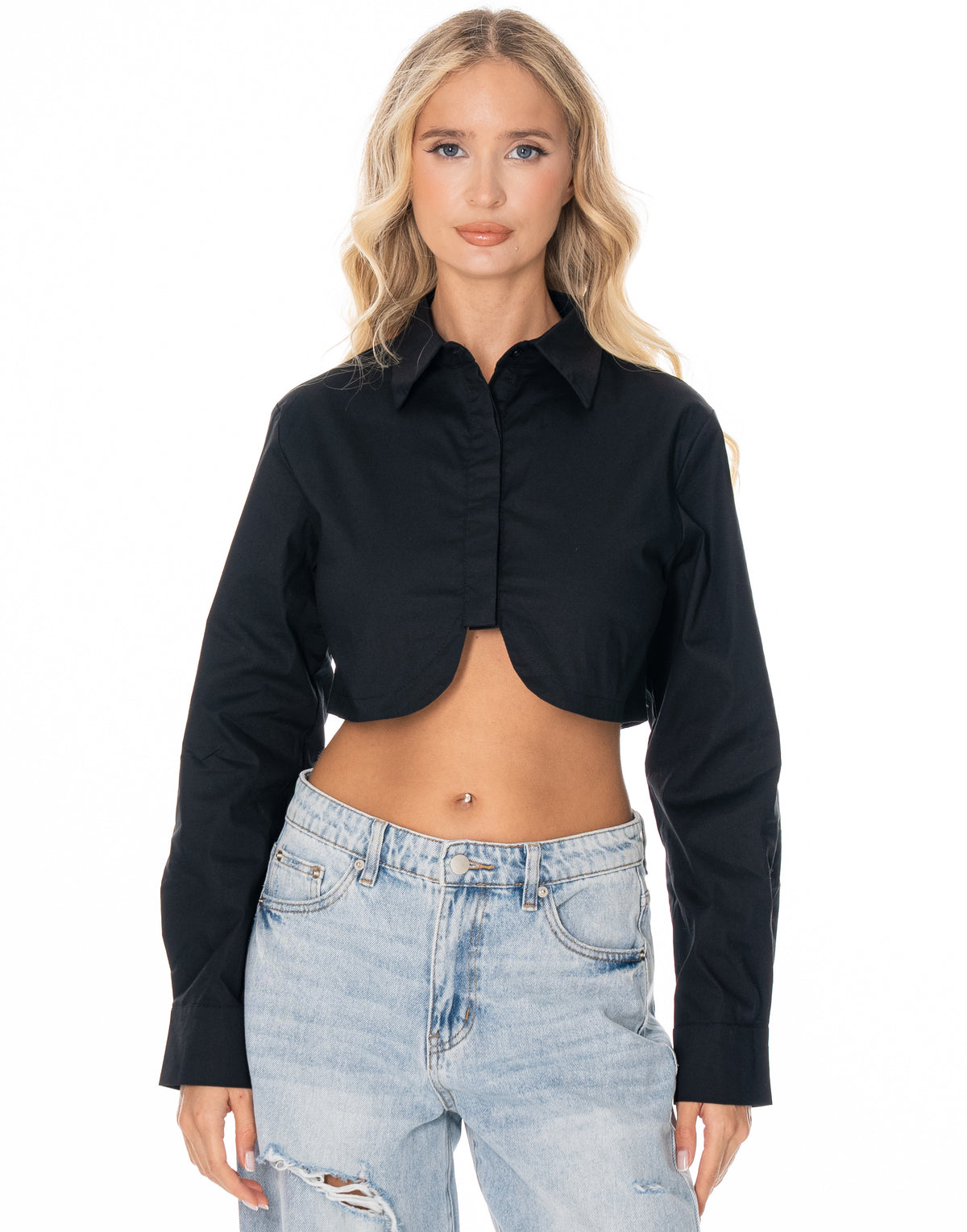 Cropped Curved Hem Button Shirt - Black