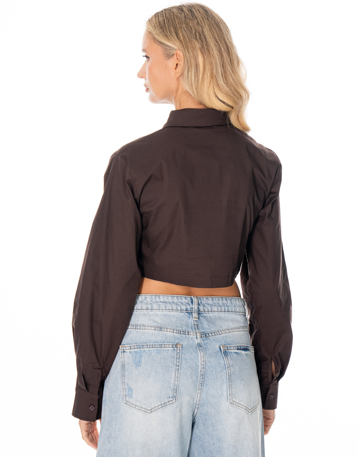 Cropped Curved Hem Button Shirt - Coffee