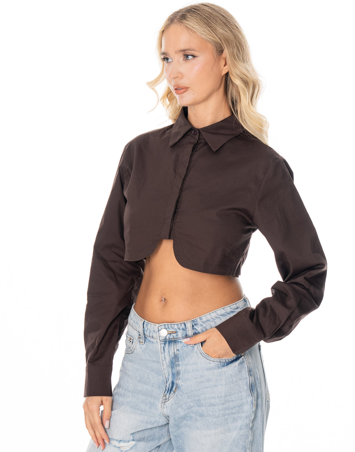Cropped Curved Hem Button Shirt - Coffee