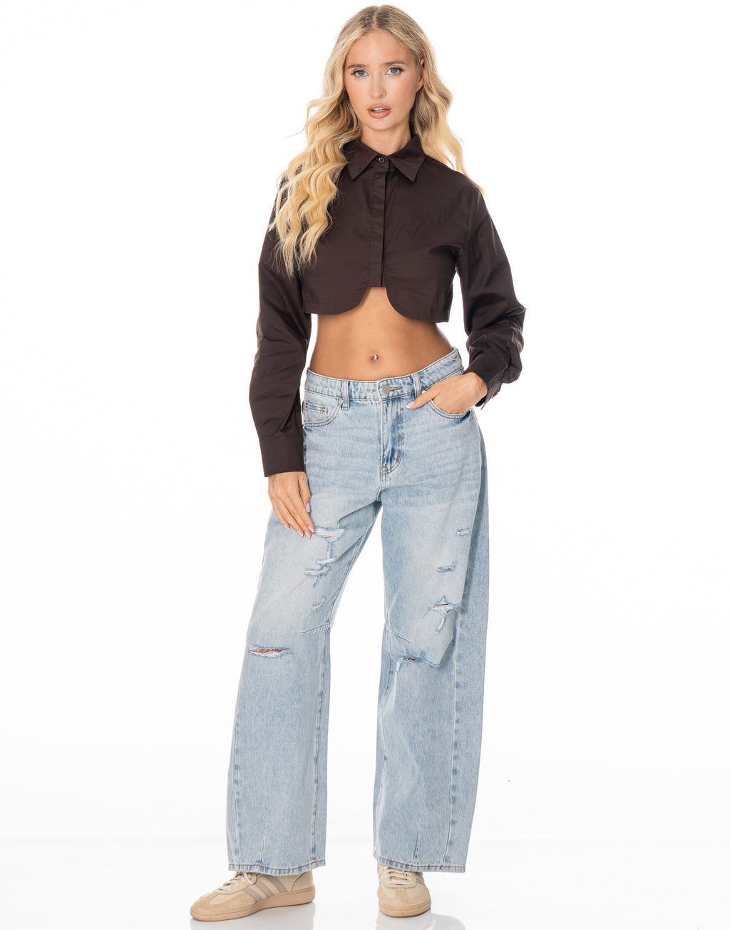 Cropped Curved Hem Button Shirt - Coffee