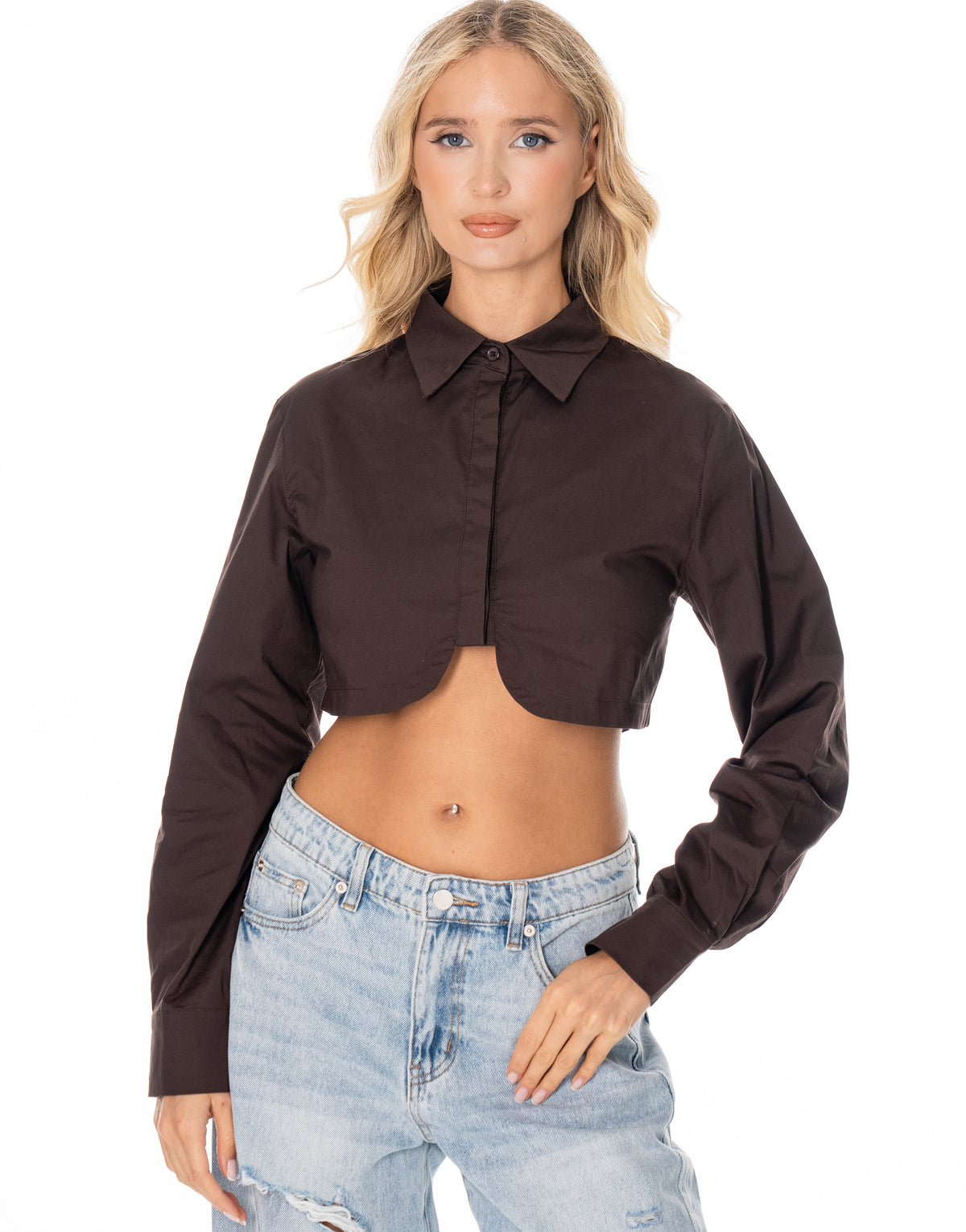 Cropped Curved Hem Button Shirt - Coffee