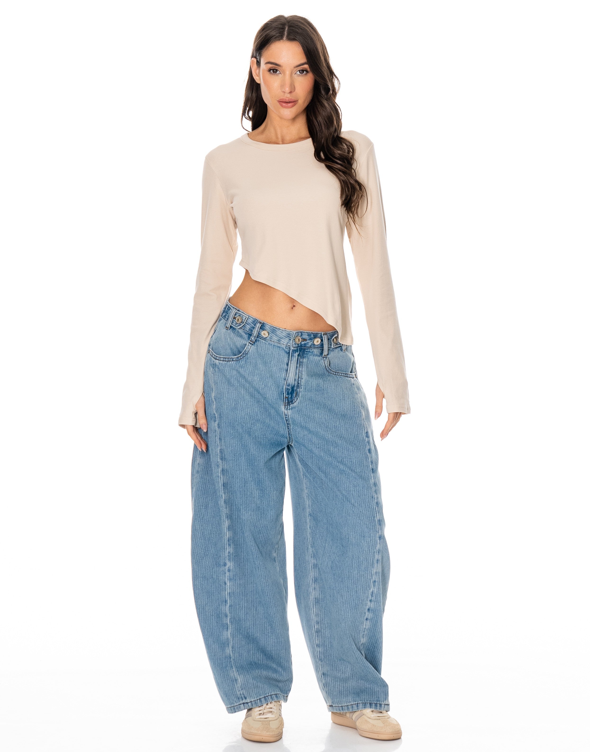 Long-Sleeve Asymmetric Crop Top - Apricot
