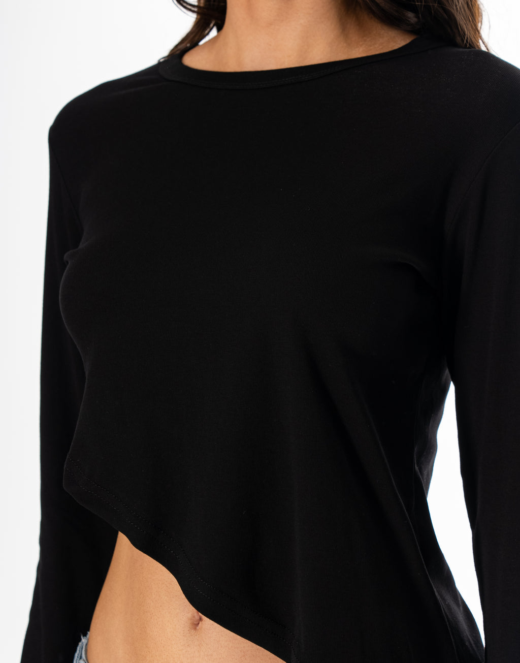 Long-Sleeve Asymmetric Crop Top - Black