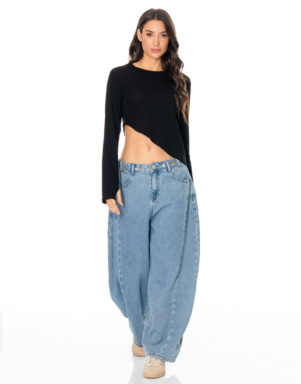 Long-Sleeve Asymmetric Crop Top - Black