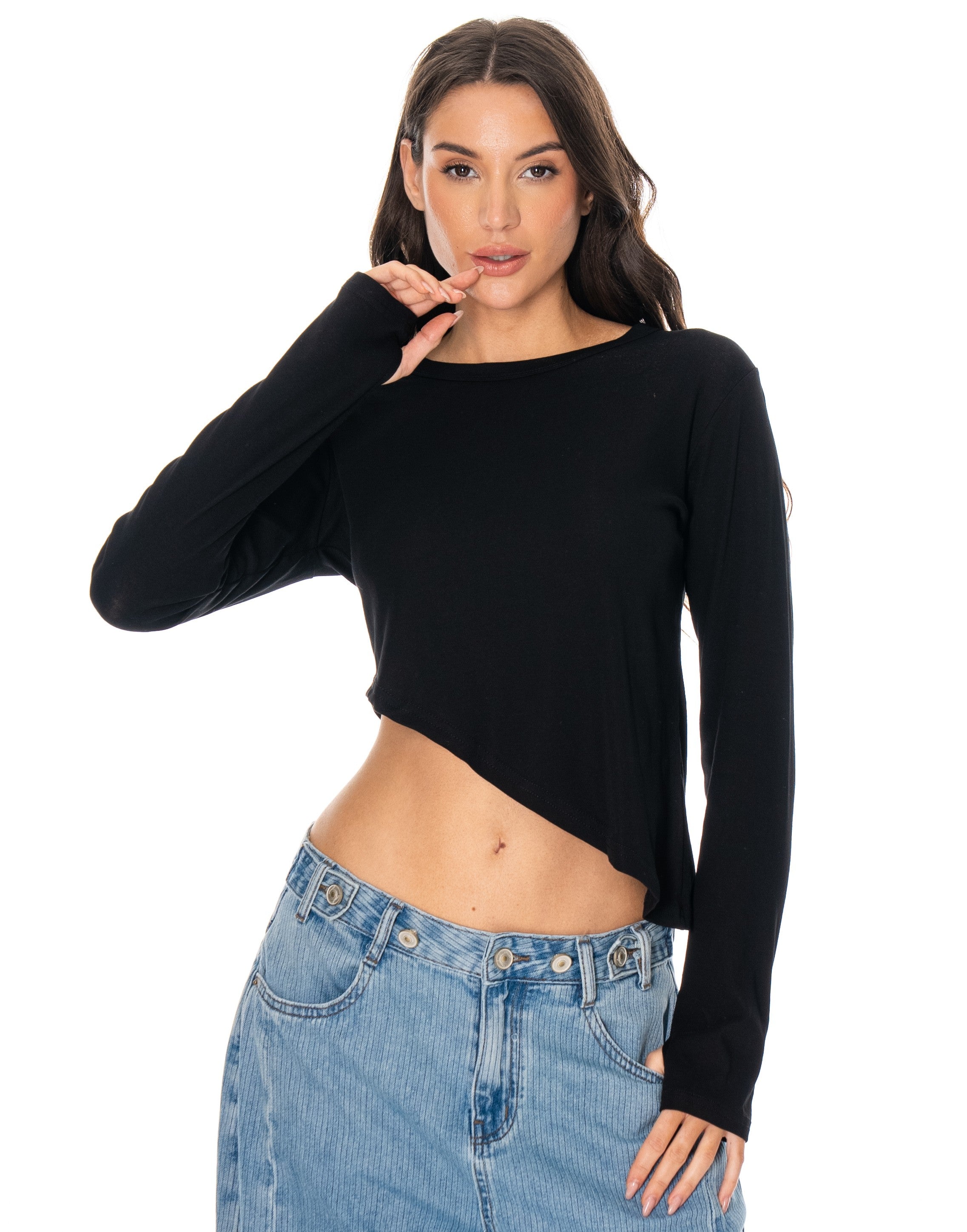 Long-Sleeve Asymmetric Crop Top - Black
