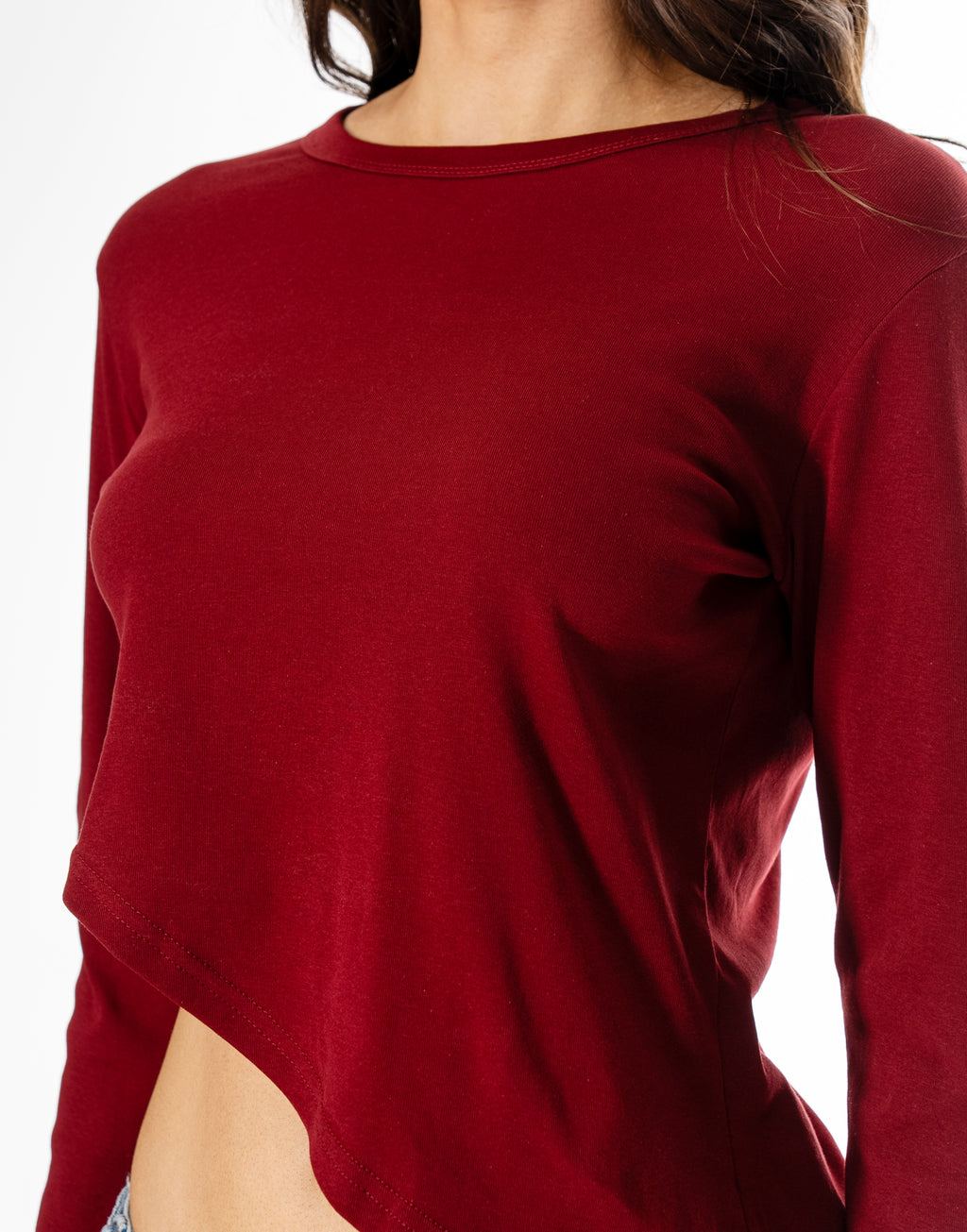 Long-Sleeve Asymmetric Crop Top - Burgundy