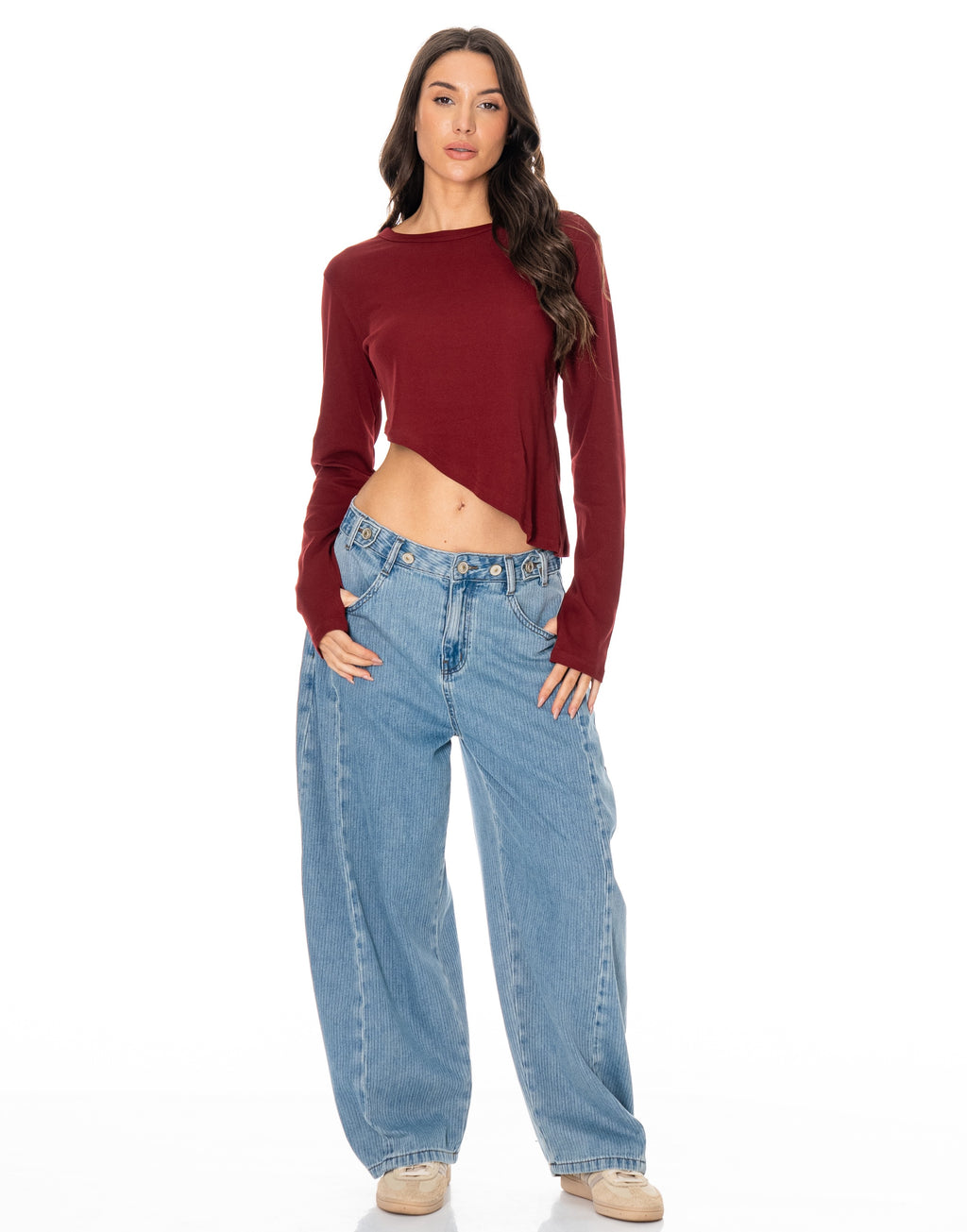 Long-Sleeve Asymmetric Crop Top - Burgundy