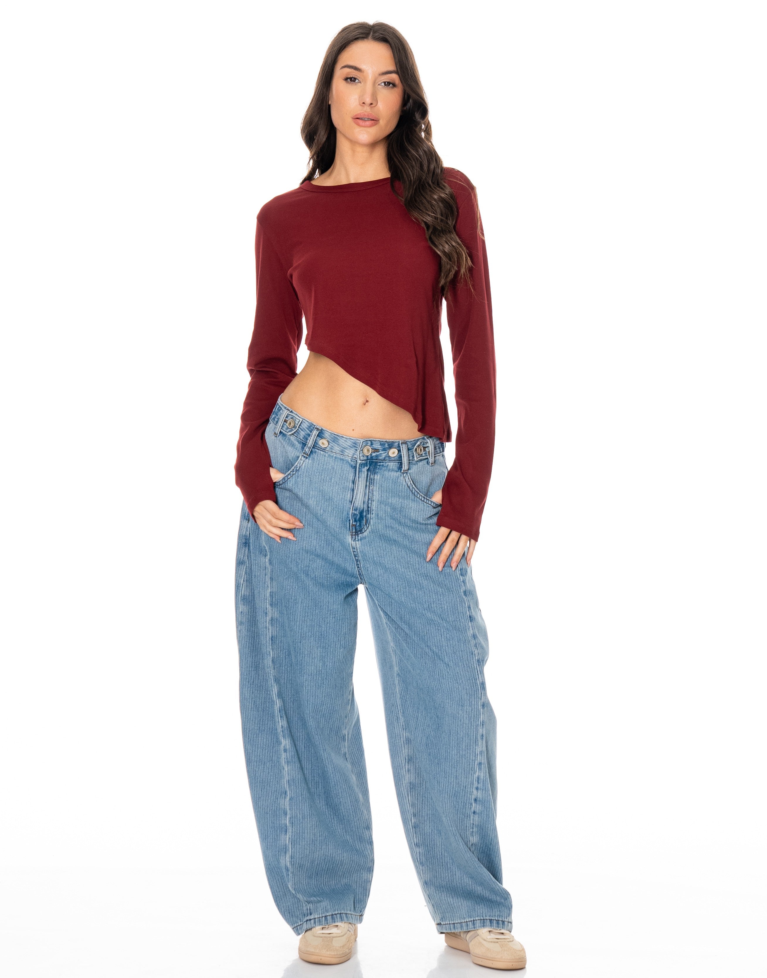 Long-Sleeve Asymmetric Crop Top - Burgundy