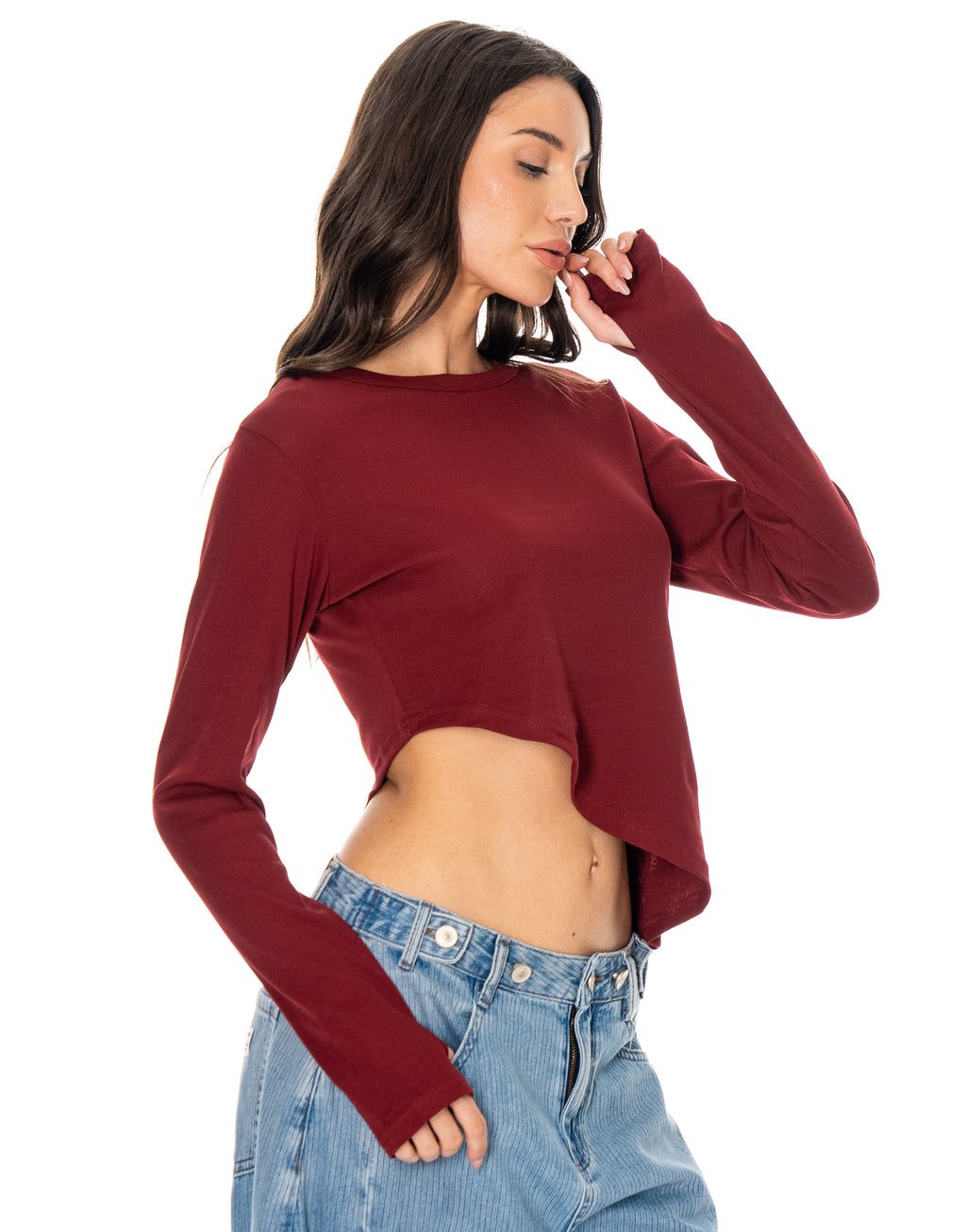 Long-Sleeve Asymmetric Crop Top - Burgundy