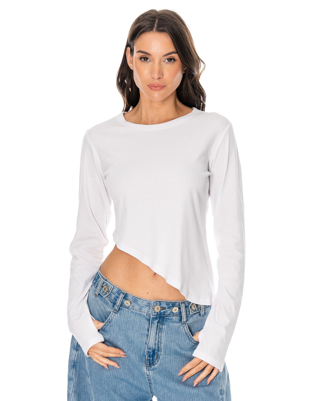 Long-Sleeve Asymmetric Crop Top - White
