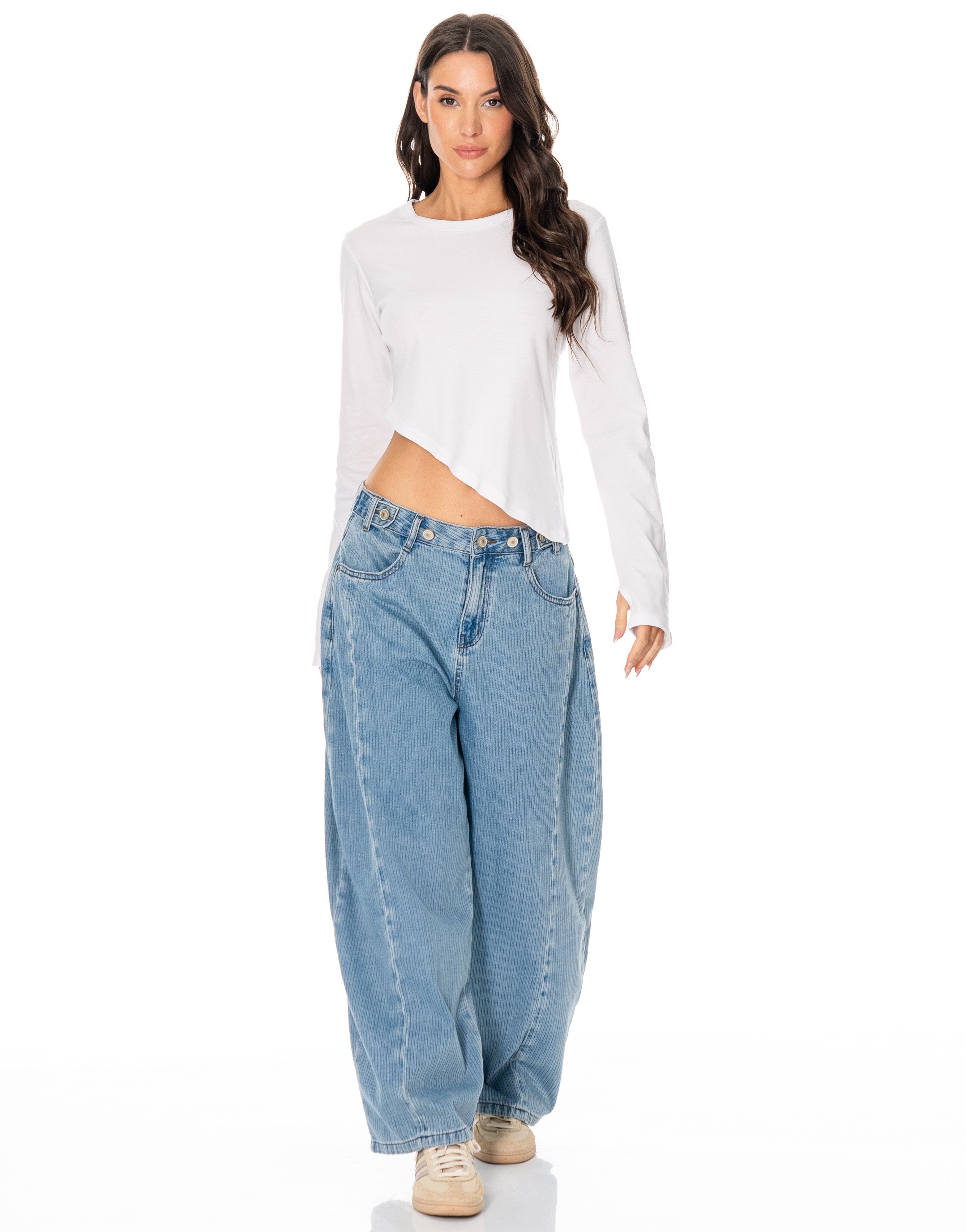 Long-Sleeve Asymmetric Crop Top - White