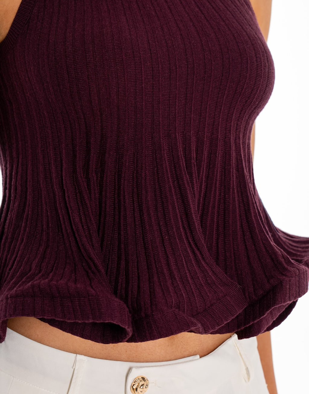 Ribbed Mock Neck Ruffle Hem Tank - Burgundy