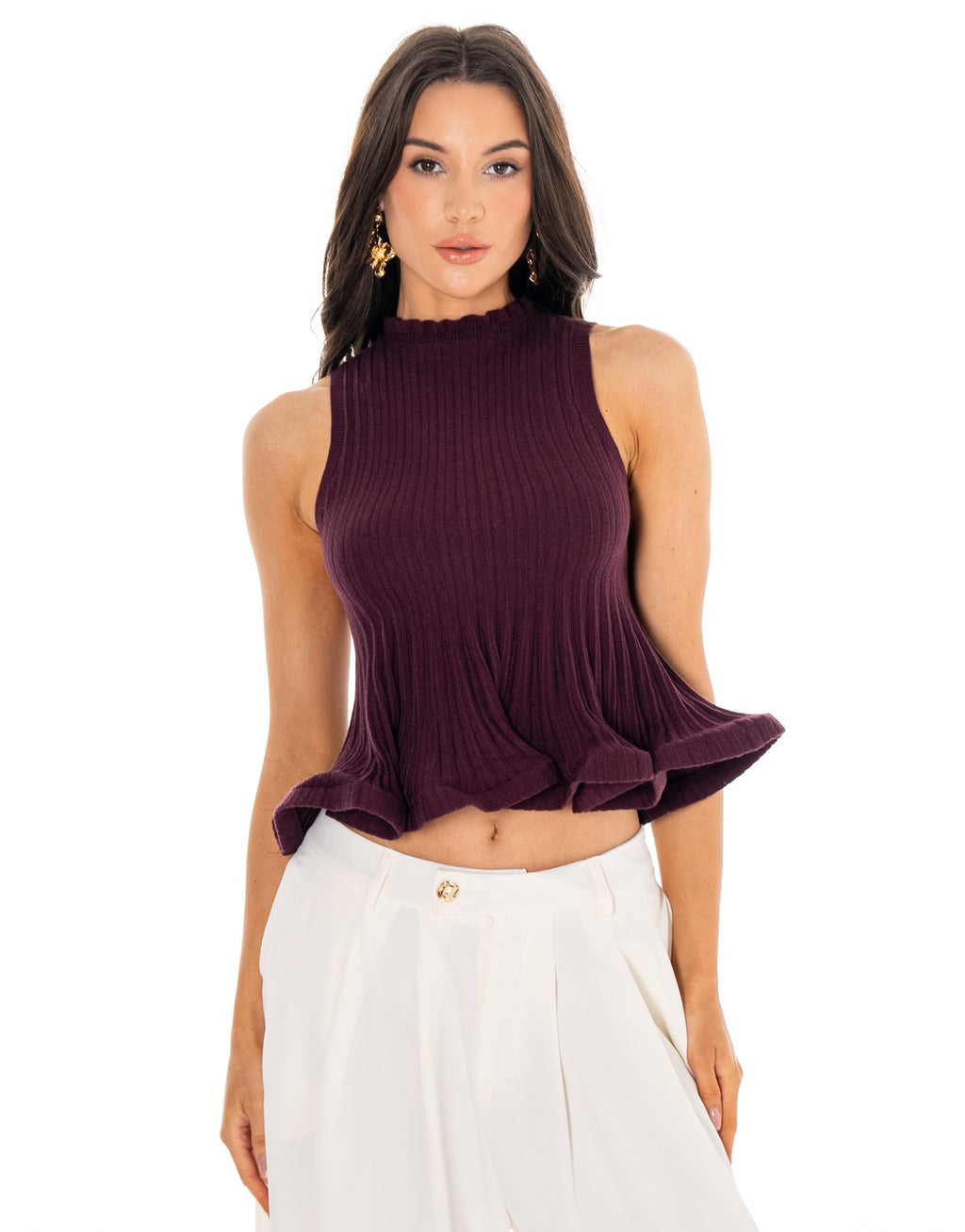 Ribbed Mock Neck Ruffle Hem Tank - Burgundy