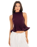 Ribbed Mock Neck Ruffle Hem Tank - Burgundy