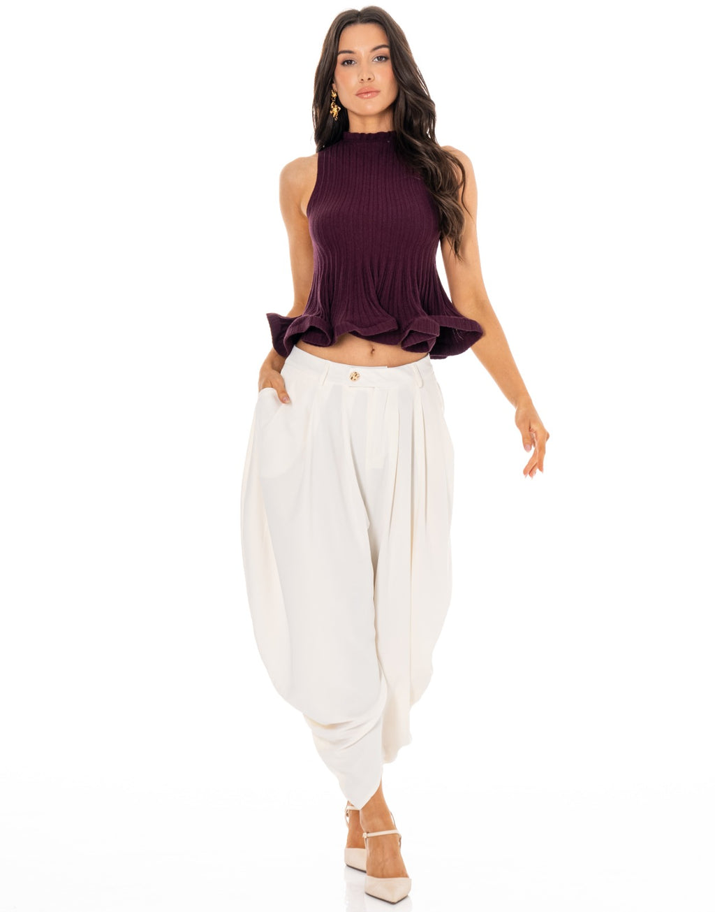Ribbed Mock Neck Ruffle Hem Tank - Burgundy