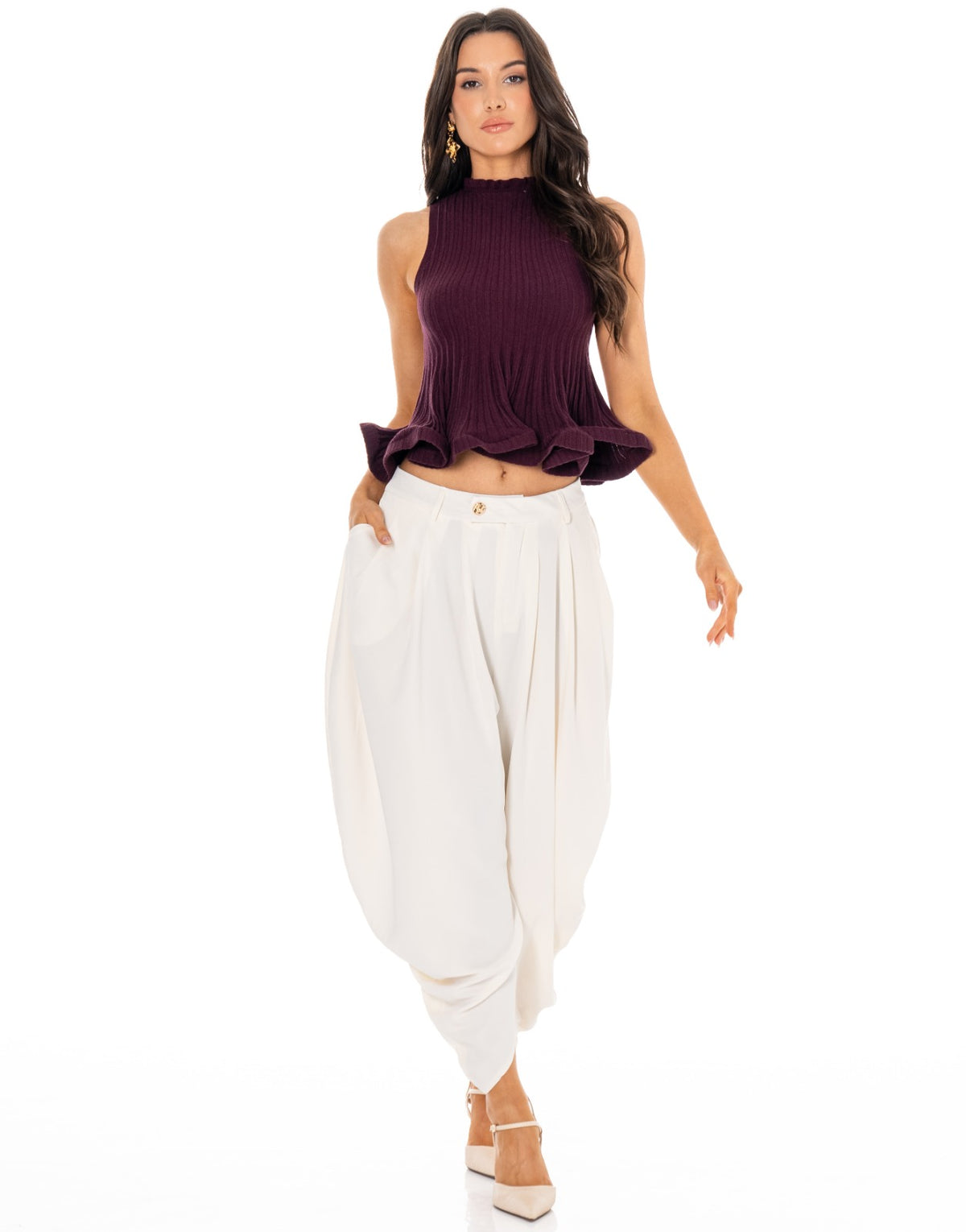 Ribbed Mock Neck Ruffle Hem Tank - Burgundy